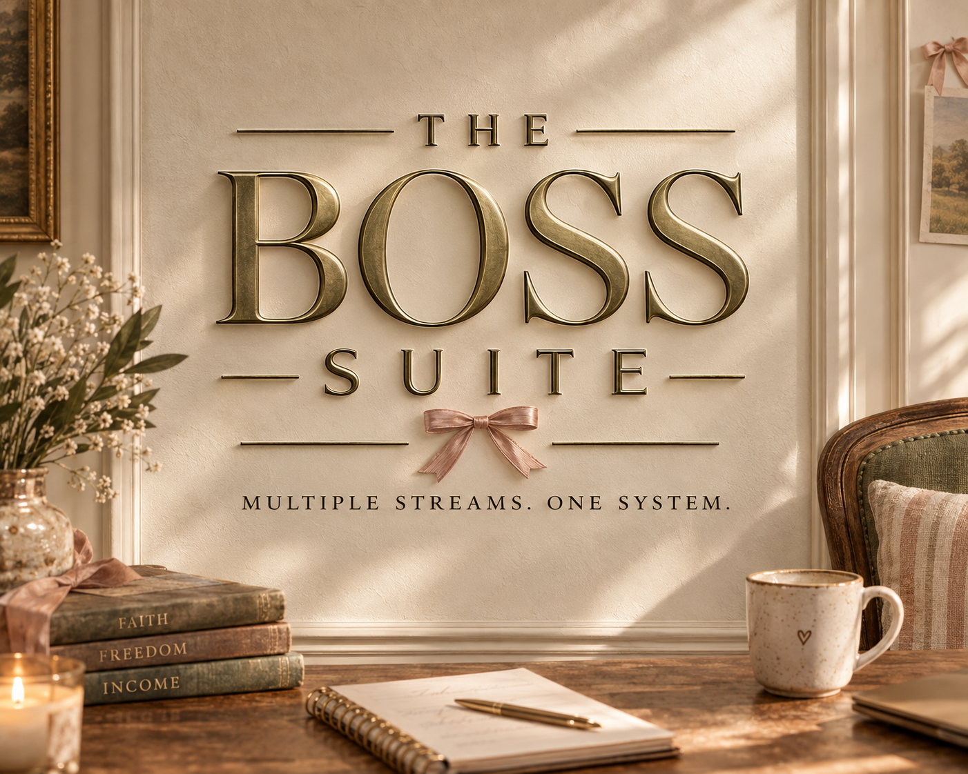 The Boss Suite: gold embossed office sign above a desk with books, a candle, and an open notebook