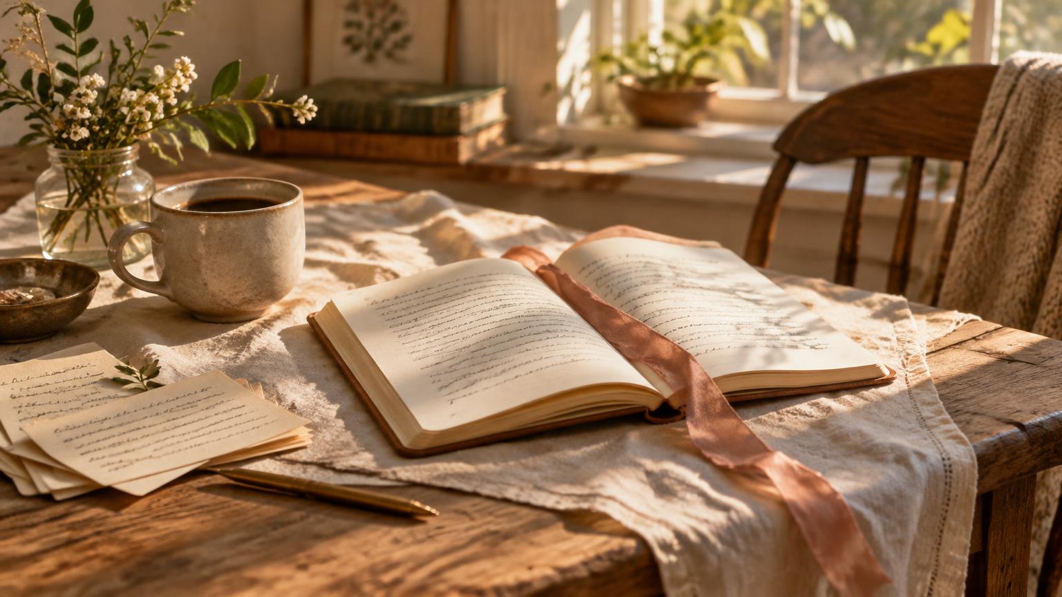 Sunlit wood table with an open notebook, coffee, and a dusty pink ribbon